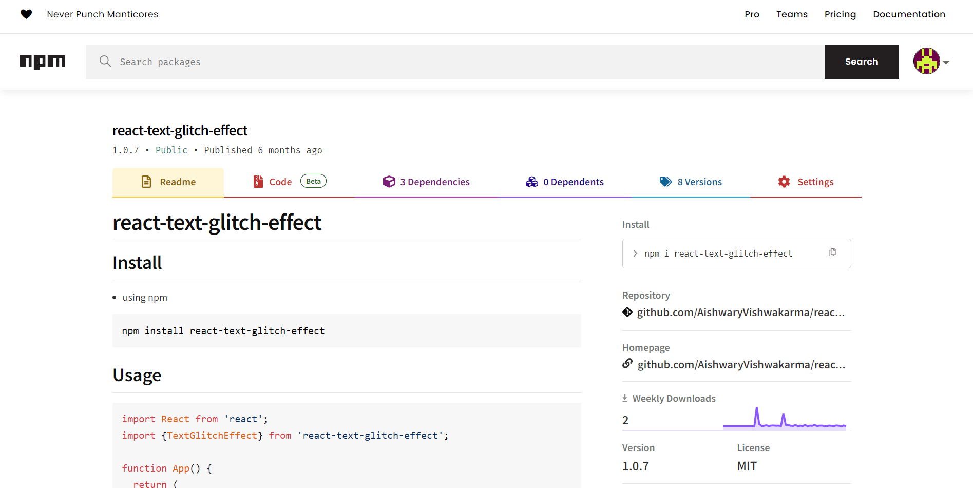 Npm page for react-text-glitch-effect